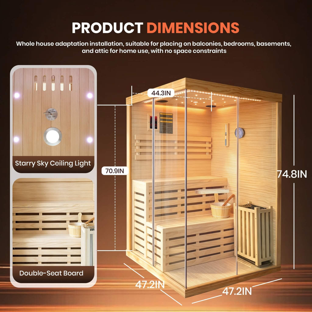 Kaelis 2-Person 3000W Chilean Pine Sauna Room With Starry Lights (SAK13795)