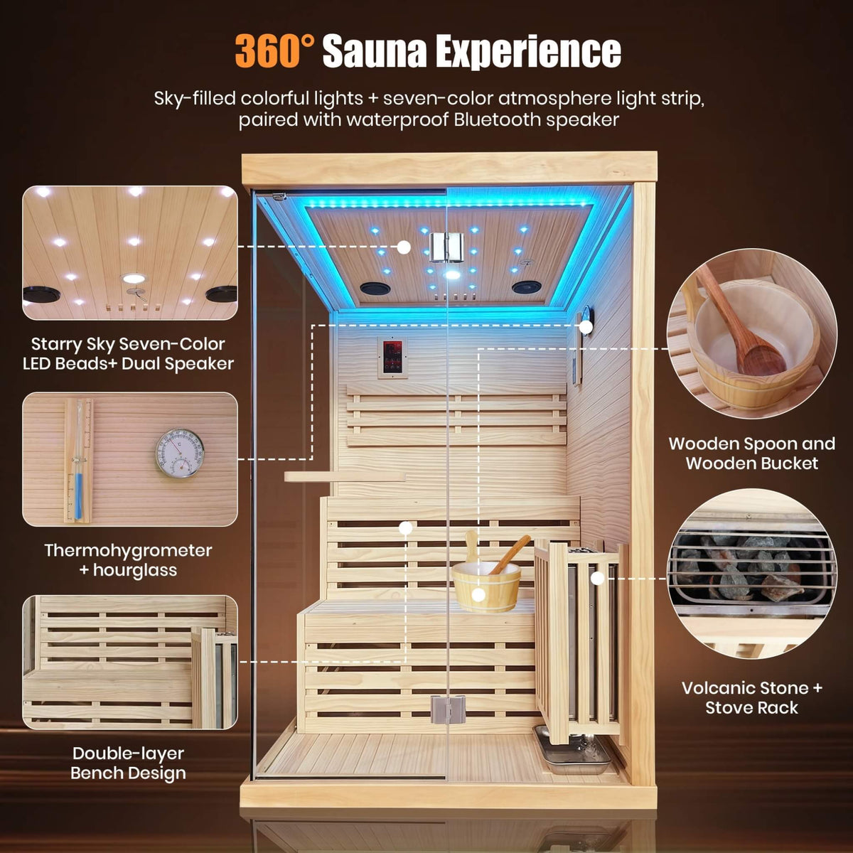 Kaelis 2-Person 3000W Chilean Pine Sauna Room With Starry Lights (SAK13795)