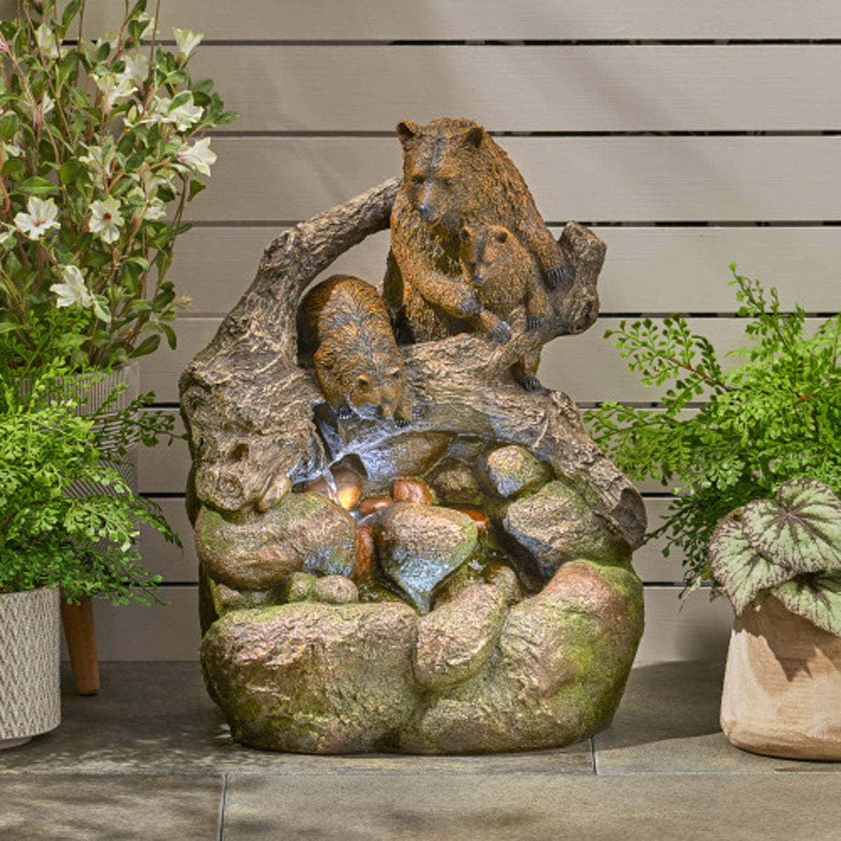 22-Inch Weather-Resistant Outdoor Bears On A Log Floor Fountain With LED Lights (SAK77651)