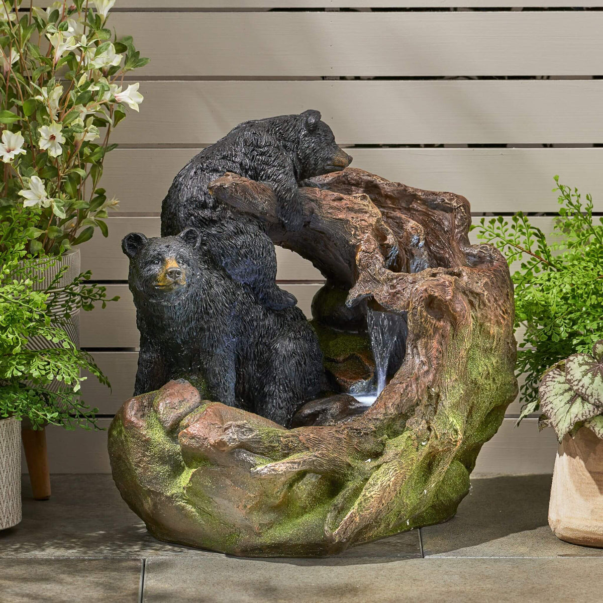 22-Inch Weather-Resistant Outdoor Bears On A Log Floor Fountain With LED Lights (SAK77651)