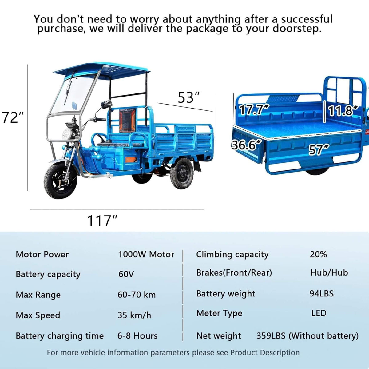 Heavy-Duty 1000W Electric Cargo Tricycle With Canopy (SAK12863)